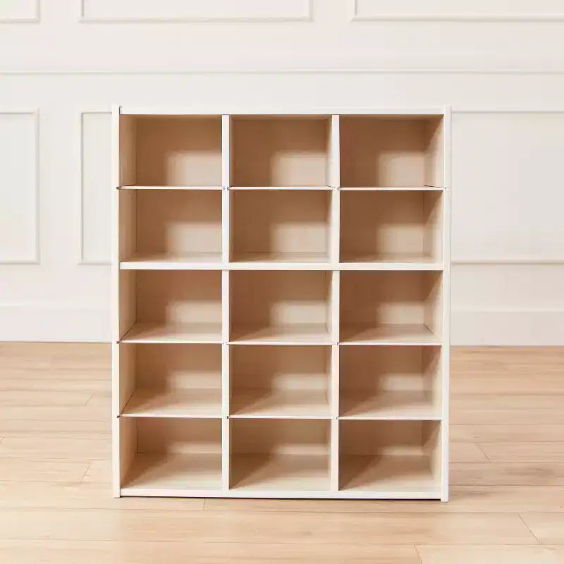 Meuble de rangement à 15 casiers avec 15 bacs à ouverture frontale, 5x3, couleurs assorties, pour enfants