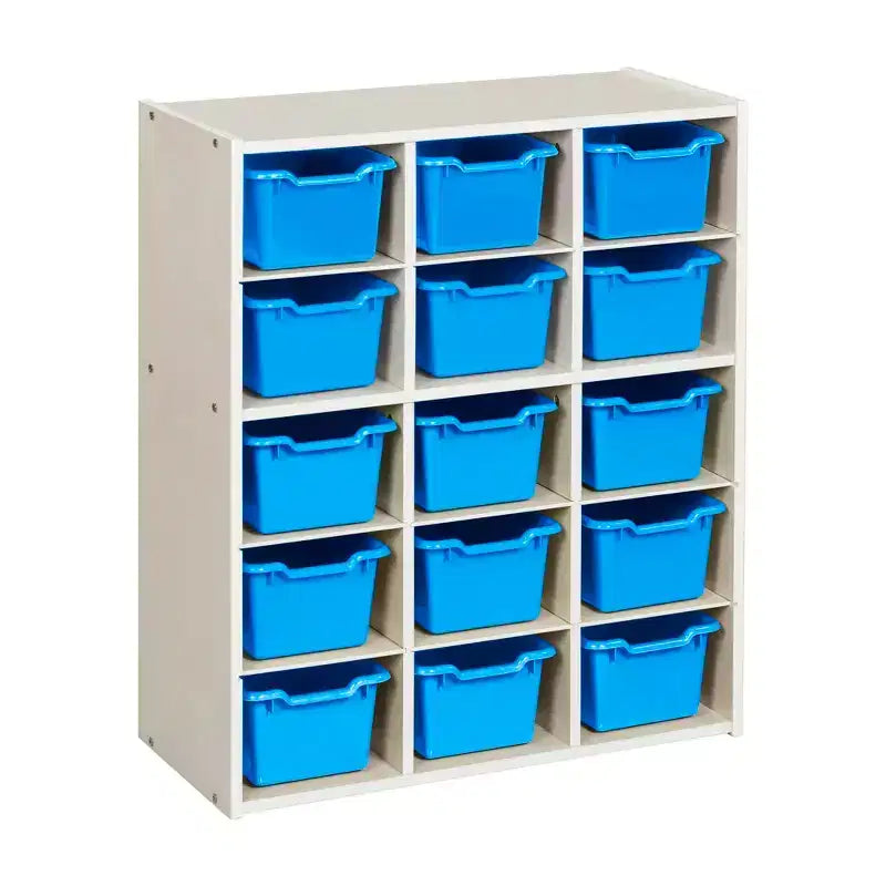 Meuble de rangement à 15 casiers avec 15 bacs à ouverture frontale, 5x3, couleurs assorties, pour enfants