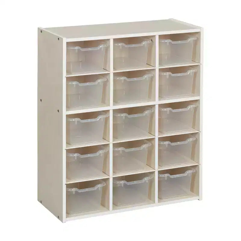 Meuble de rangement à 15 casiers avec 15 bacs à ouverture frontale, 5x3, couleurs assorties, pour enfants