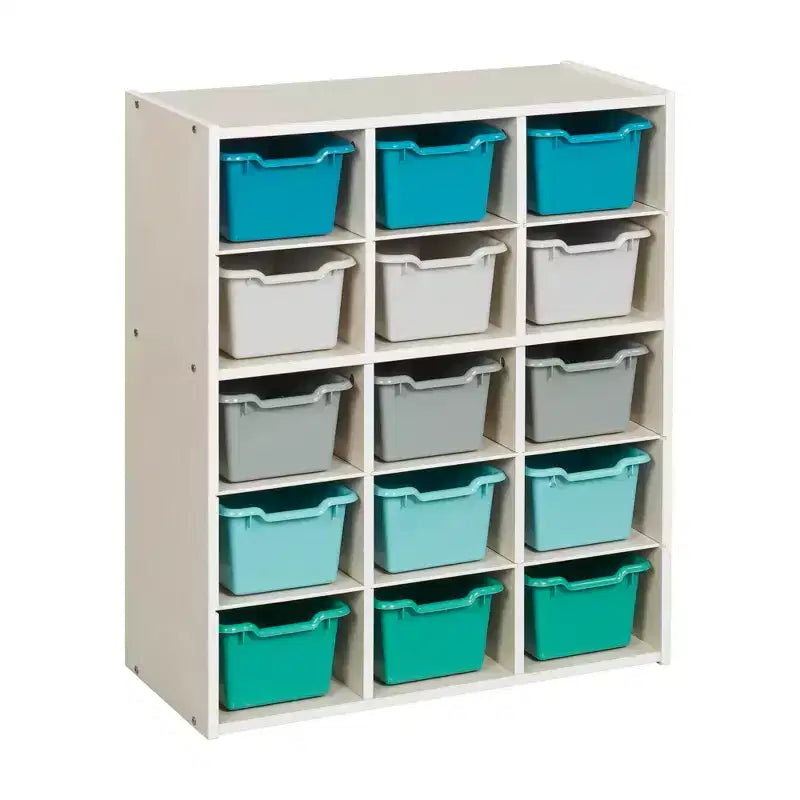 Meuble de rangement à 15 casiers avec 15 bacs à ouverture frontale, 5x3, couleurs assorties, pour enfants