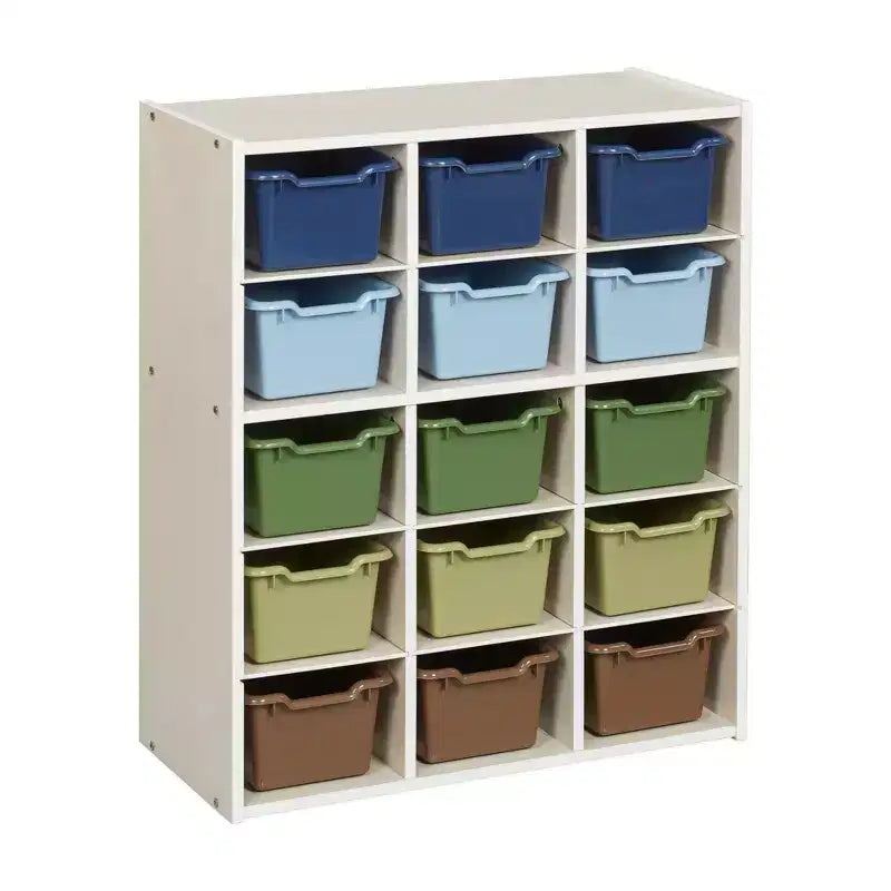 Meuble de rangement à 15 casiers avec 15 bacs à ouverture frontale, 5x3, couleurs assorties, pour enfants