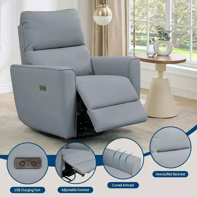 Fauteuil inclinable électrique en similicuir marron/gris/blanc cassé avec fonction pivotante et bascule, une place