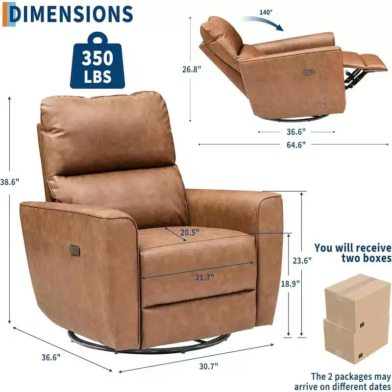 Fauteuil inclinable électrique en similicuir marron/gris/blanc cassé avec fonction pivotante et bascule, une place