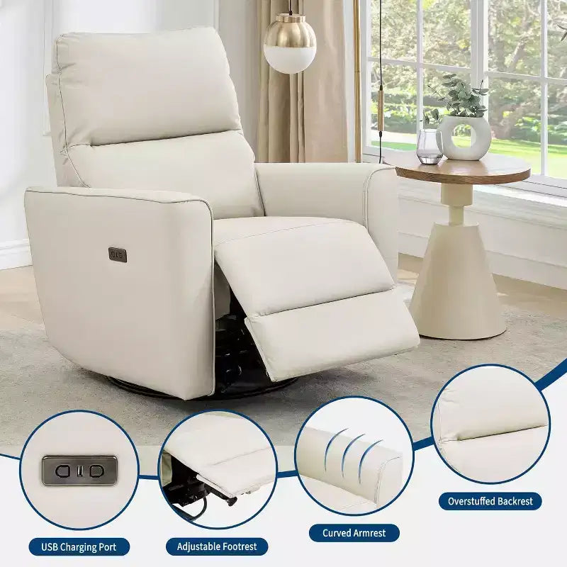 Fauteuil inclinable électrique en similicuir marron/gris/blanc cassé avec fonction pivotante et bascule, une place