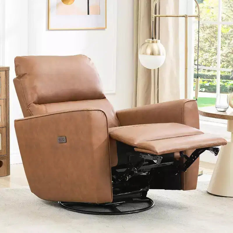 Fauteuil inclinable électrique en similicuir marron/gris/blanc cassé avec fonction pivotante et bascule, une place