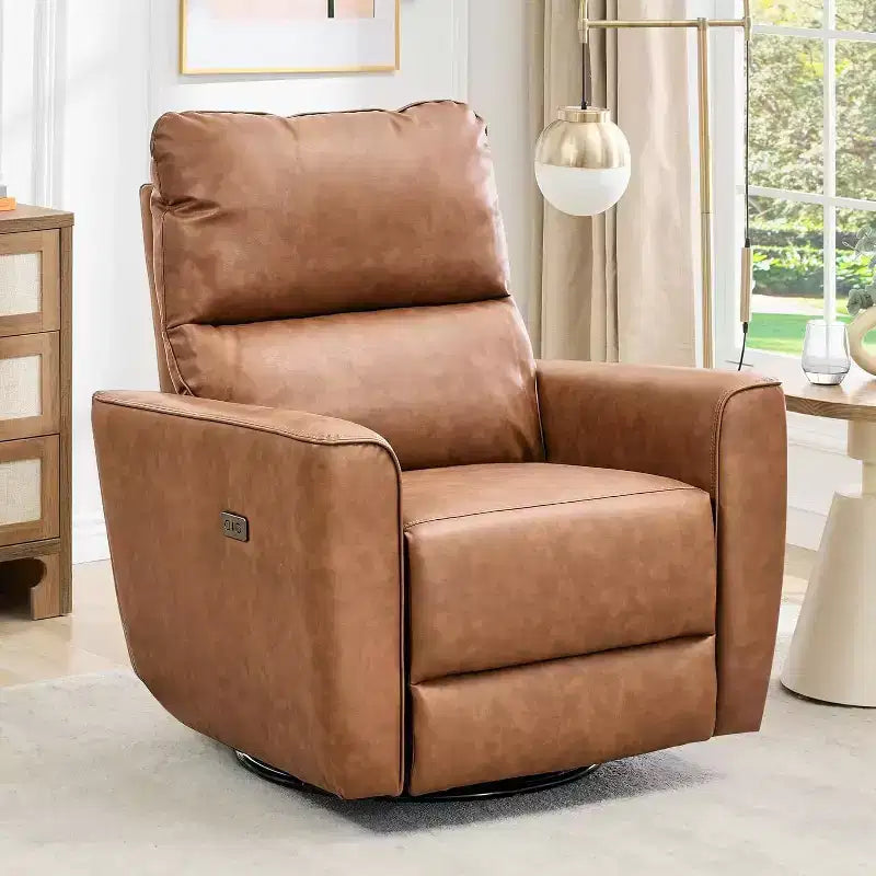 Fauteuil inclinable électrique en similicuir marron/gris/blanc cassé avec fonction pivotante et bascule, une place