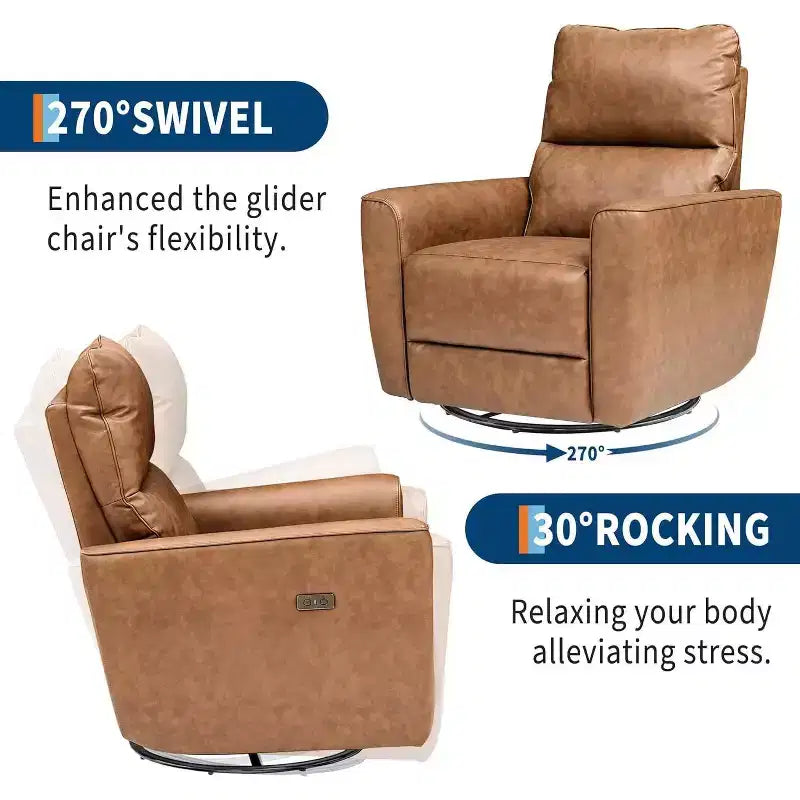 Fauteuil inclinable électrique en similicuir marron/gris/blanc cassé avec fonction pivotante et bascule, une place