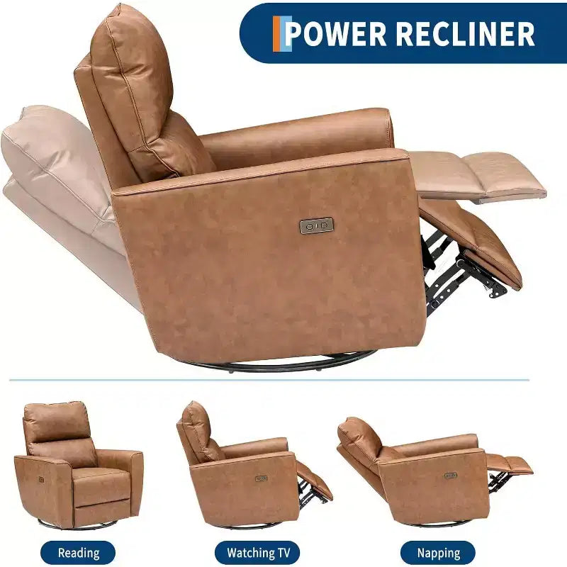 Fauteuil inclinable électrique en similicuir marron/gris/blanc cassé avec fonction pivotante et bascule, une place