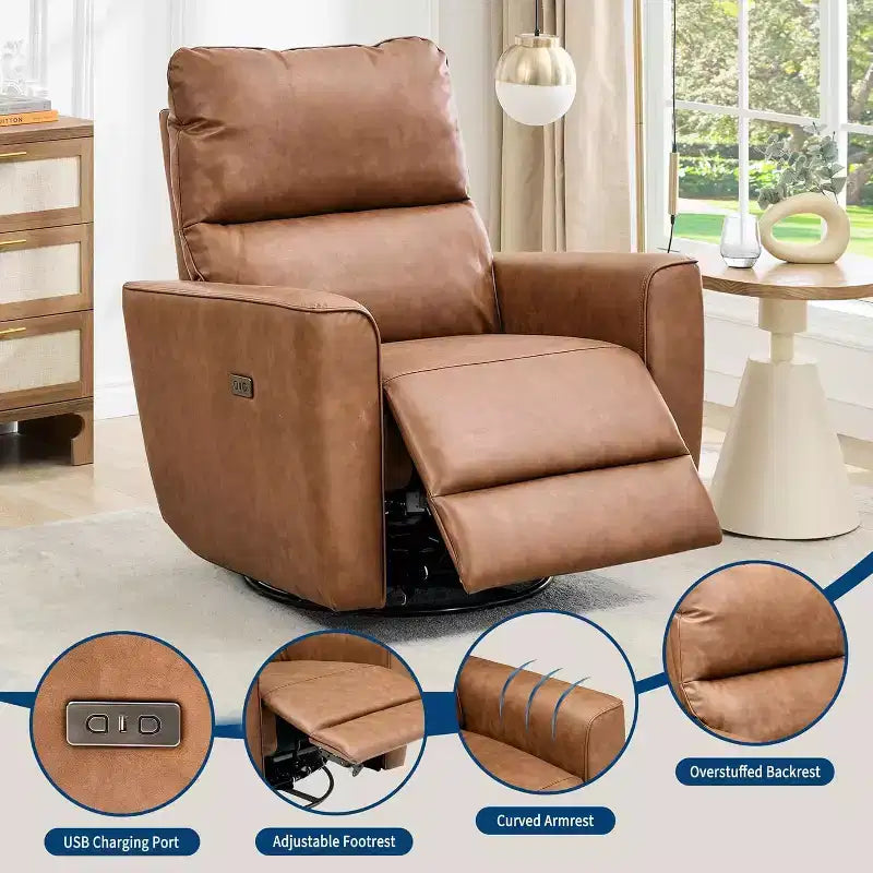 Fauteuil inclinable électrique en similicuir marron/gris/blanc cassé avec fonction pivotante et bascule, une place