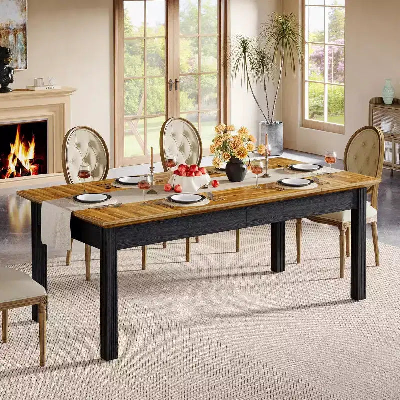 Table de salle à manger rectangulaire bicolore marron, 4 à 6 places