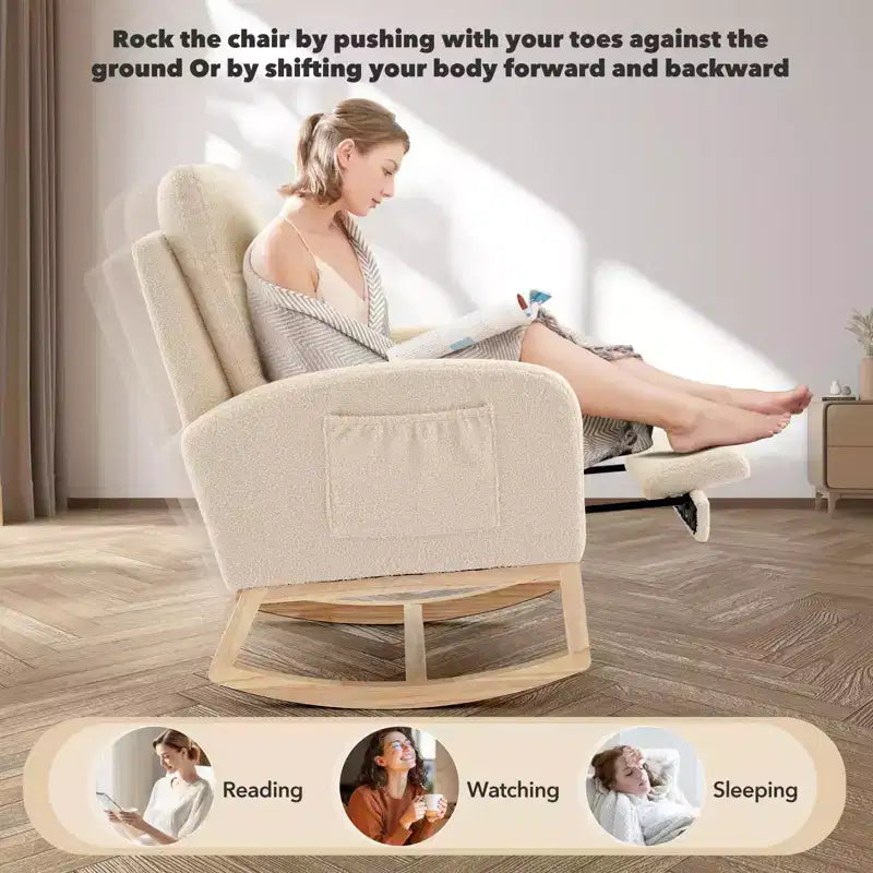 Fauteuil à bascule rembourré avec repose-pieds réglable et pochette latérale – Une place, plusieurs couleurs