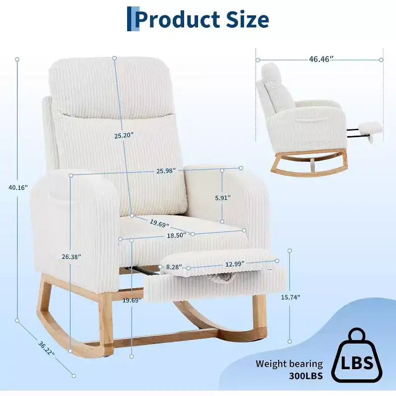 Fauteuil à bascule rembourré avec repose-pieds réglable et pochette latérale – Une place, plusieurs couleurs