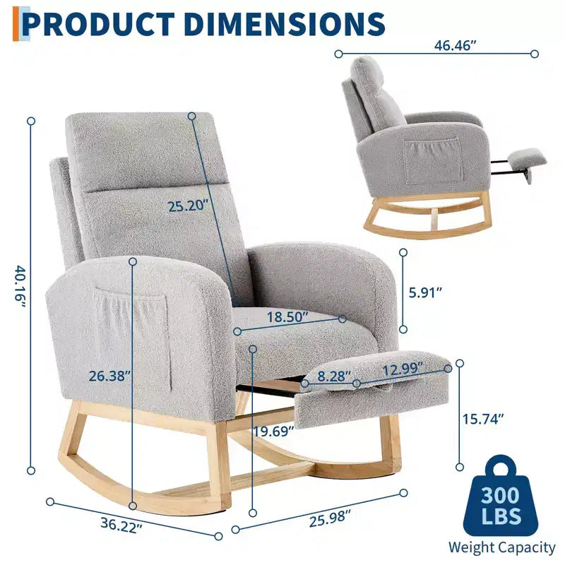 Fauteuil à bascule rembourré avec repose-pieds réglable et pochette latérale – Une place, plusieurs couleurs