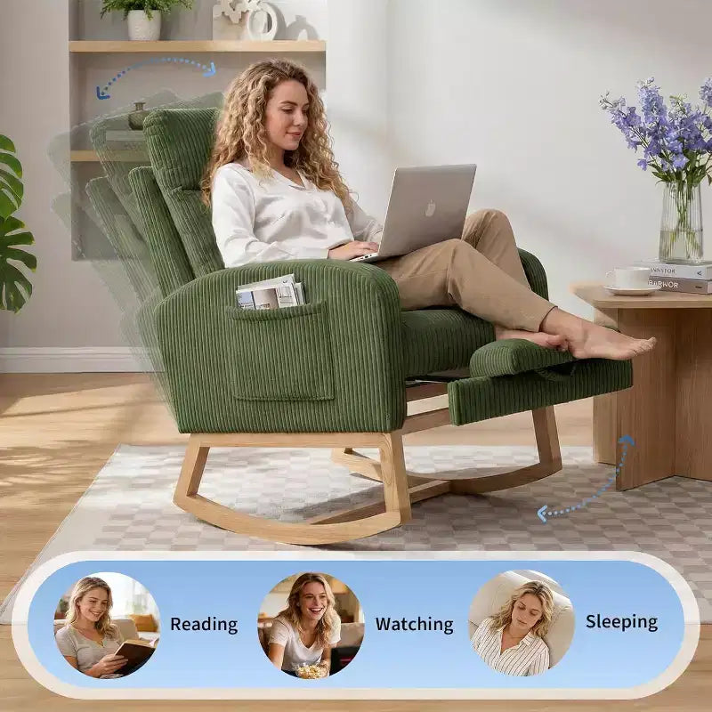 Fauteuil à bascule rembourré avec repose-pieds réglable et pochette latérale – Une place, plusieurs couleurs