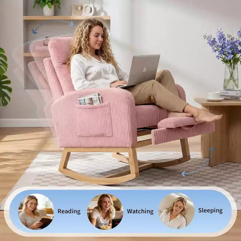 Fauteuil à bascule rembourré avec repose-pieds réglable et pochette latérale – Une place, plusieurs couleurs