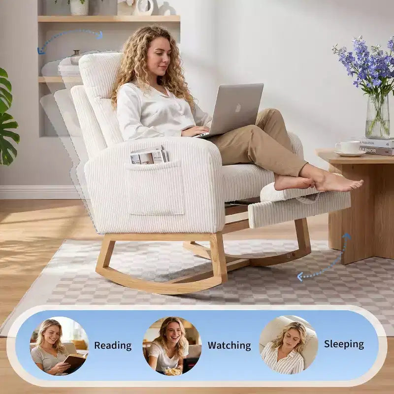 Fauteuil à bascule rembourré avec repose-pieds réglable et pochette latérale – Une place, plusieurs couleurs