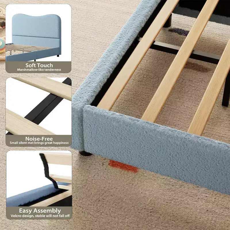 Cadre de lit plateforme bas en velours gris-bleu, jumeau, 1 personne