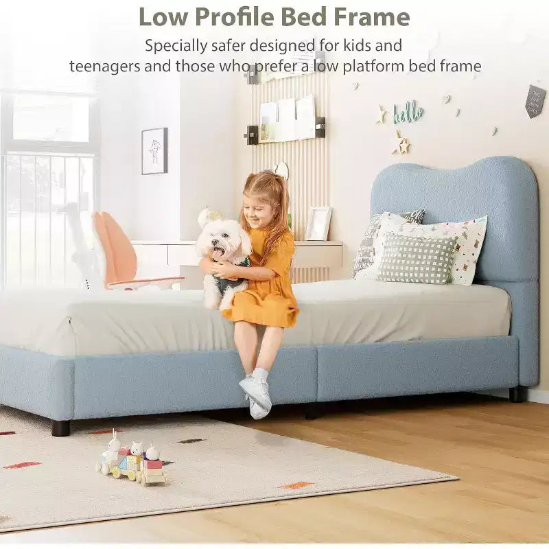 Cadre de lit plateforme bas en velours gris-bleu, jumeau, 1 personne