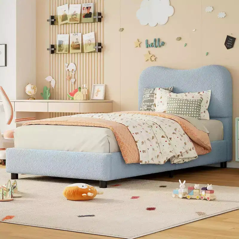 Cadre de lit plateforme bas en velours gris-bleu, jumeau, 1 personne