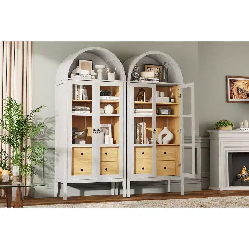 Vitrine de rangement cintrée en chêne blanc et chêne noir avec portes vitrées, 1 pièce/2 pièces, 180 cm de hauteur