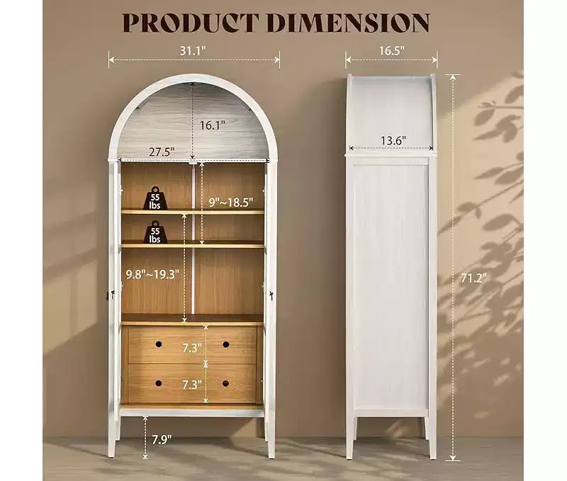 Vitrine de rangement cintrée en chêne blanc et chêne noir avec portes vitrées, 1 pièce/2 pièces, 180 cm de hauteur