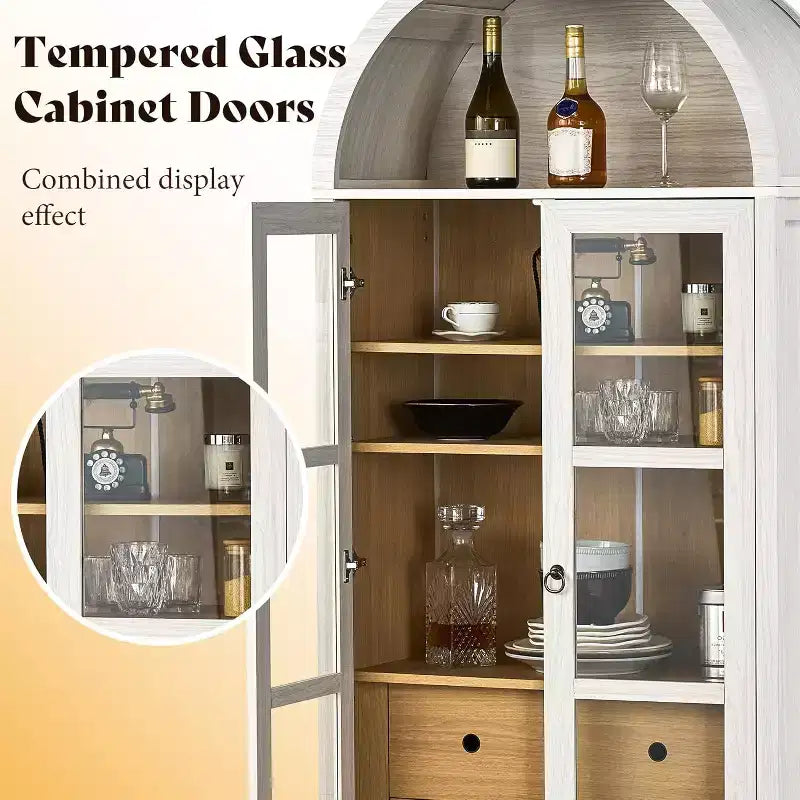Vitrine de rangement cintrée en chêne blanc et chêne noir avec portes vitrées, 1 pièce/2 pièces, 180 cm de hauteur