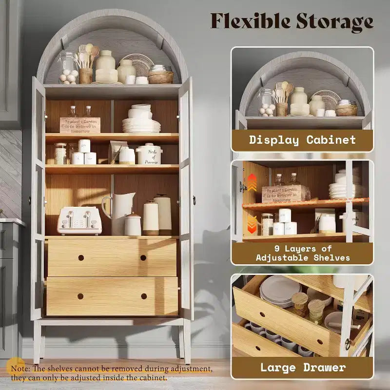 Vitrine de rangement cintrée en chêne blanc et chêne noir avec portes vitrées, 1 pièce/2 pièces, 180 cm de hauteur