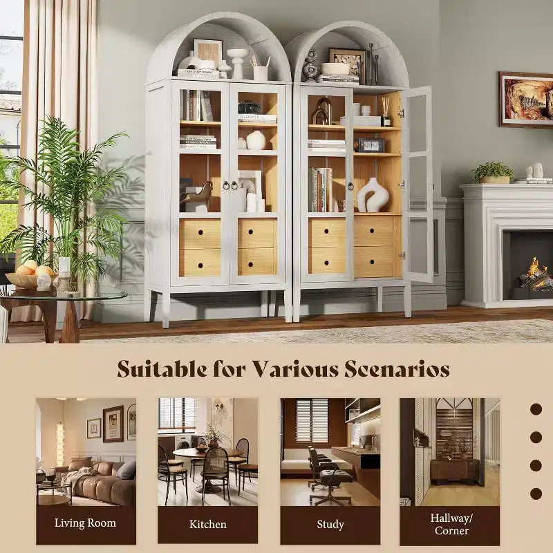Vitrine de rangement cintrée en chêne blanc et chêne noir avec portes vitrées, 1 pièce/2 pièces, 180 cm de hauteur