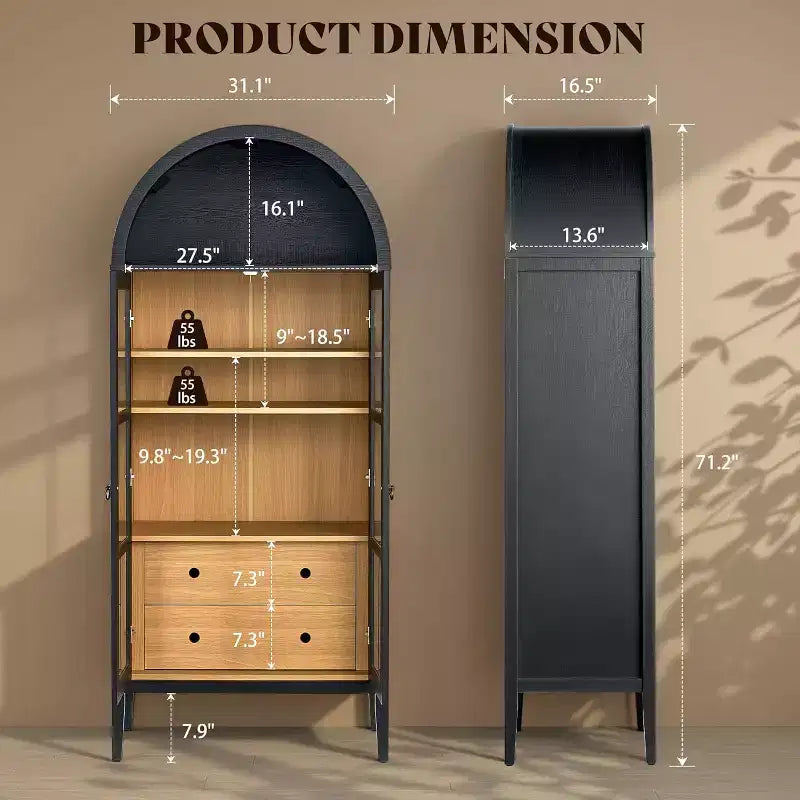 Vitrine de rangement cintrée en chêne blanc et chêne noir avec portes vitrées, 1 pièce/2 pièces, 180 cm de hauteur