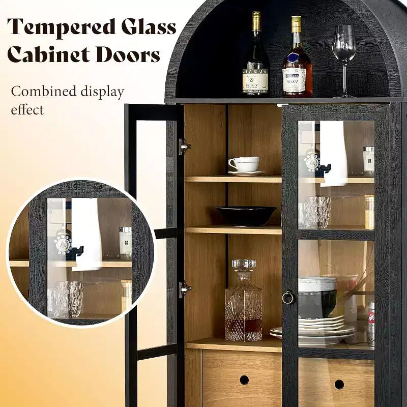 Vitrine de rangement cintrée en chêne blanc et chêne noir avec portes vitrées, 1 pièce/2 pièces, 180 cm de hauteur