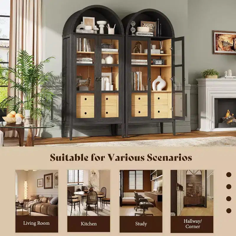 Vitrine de rangement cintrée en chêne blanc et chêne noir avec portes vitrées, 1 pièce/2 pièces, 180 cm de hauteur