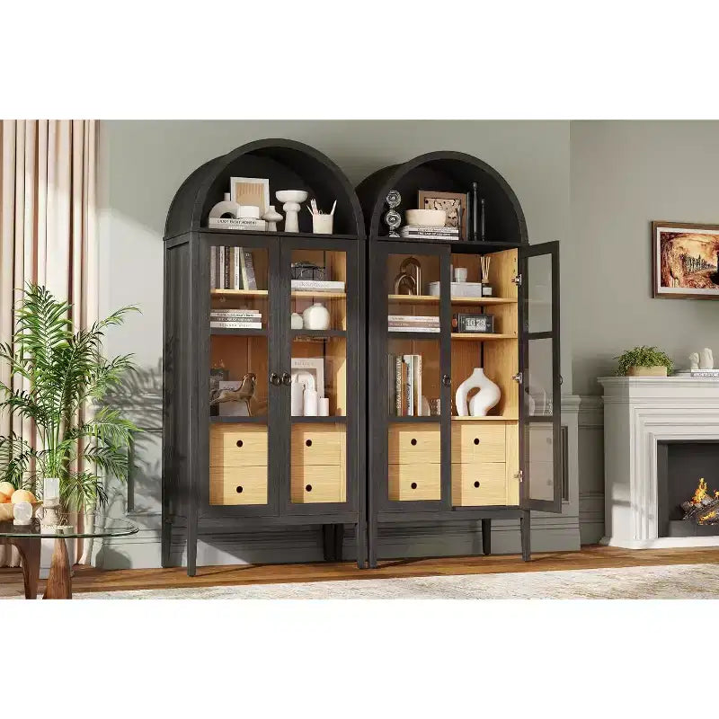 Vitrine de rangement cintrée en chêne blanc et chêne noir avec portes vitrées, 1 pièce/2 pièces, 180 cm de hauteur