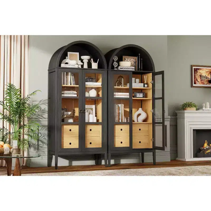 Vitrine de rangement cintrée en chêne blanc et chêne noir avec portes vitrées, 1 pièce/2 pièces, 180 cm de hauteur
