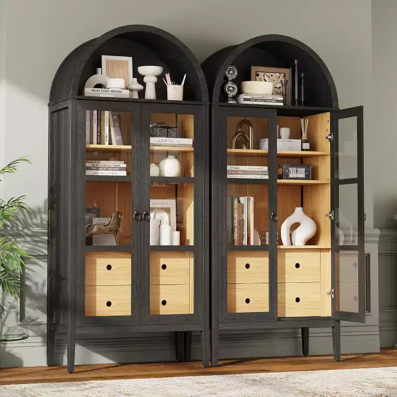 Vitrine de rangement cintrée en chêne blanc et chêne noir avec portes vitrées, 1 pièce/2 pièces, 180 cm de hauteur