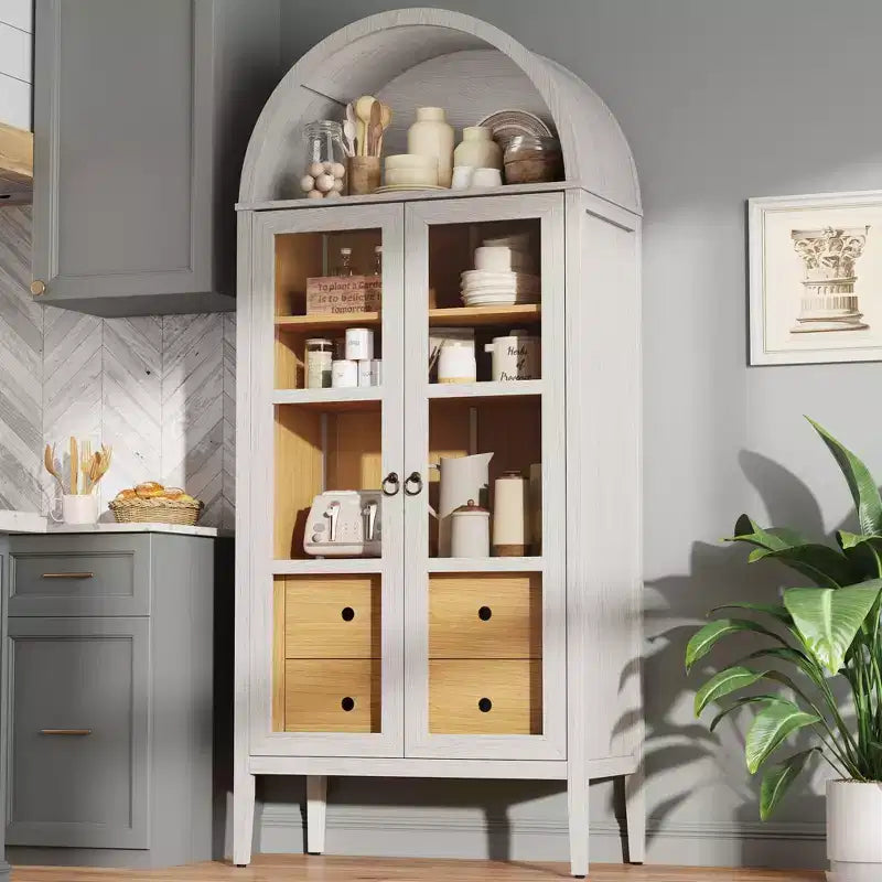 Vitrine de rangement cintrée en chêne blanc et chêne noir avec portes vitrées, 1 pièce/2 pièces, 180 cm de hauteur