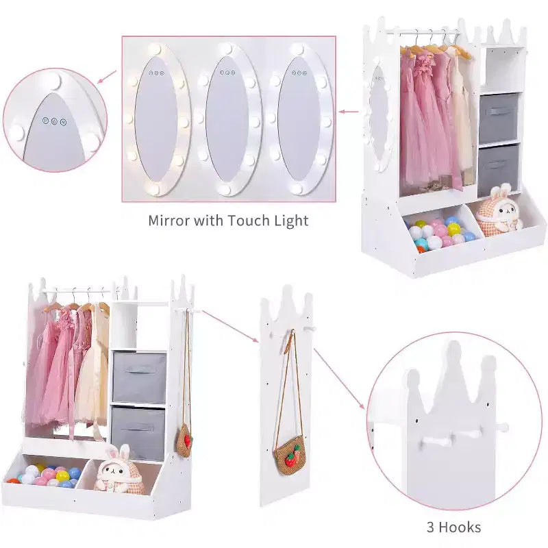 Armoire de Rangement et Déguisement Fille avec Miroir Lumineux – Rose/Blanc, 1 Enfant
