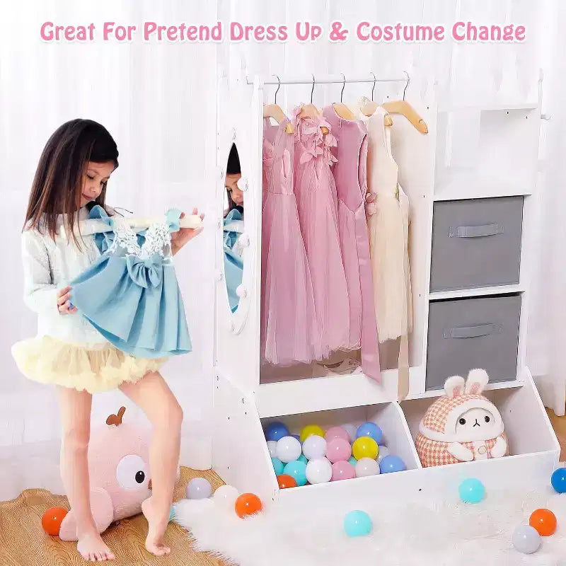 Armoire de Rangement et Déguisement Fille avec Miroir Lumineux – Rose/Blanc, 1 Enfant