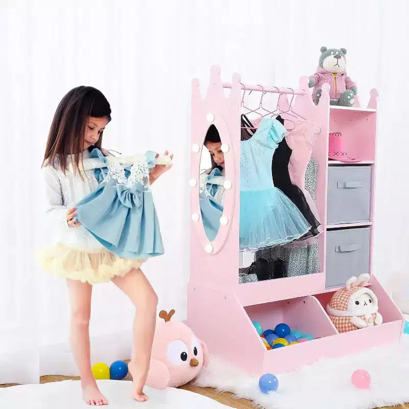 Armoire de Rangement et Déguisement Fille avec Miroir Lumineux – Rose/Blanc, 1 Enfant