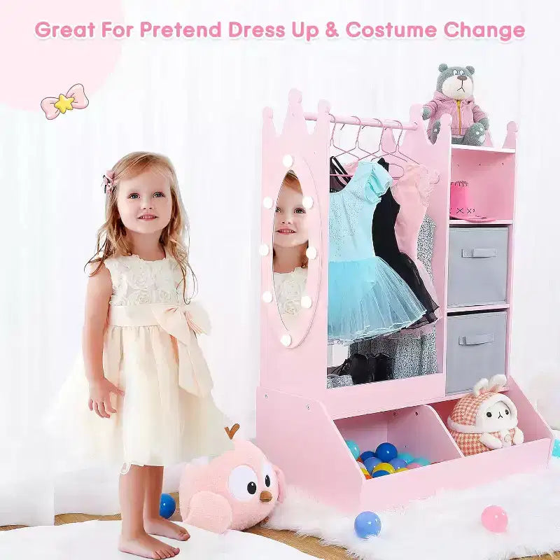 Armoire de Rangement et Déguisement Fille avec Miroir Lumineux – Rose/Blanc, 1 Enfant