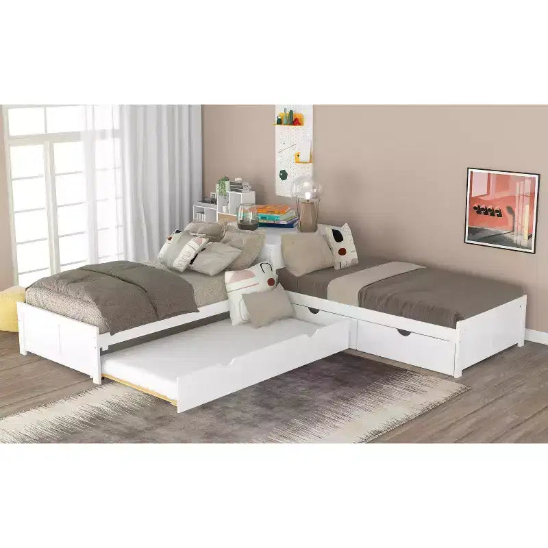 Lit superposé blanc en L avec lit gigogne, tiroirs et table intégrée – Jumeau, 3 couchages