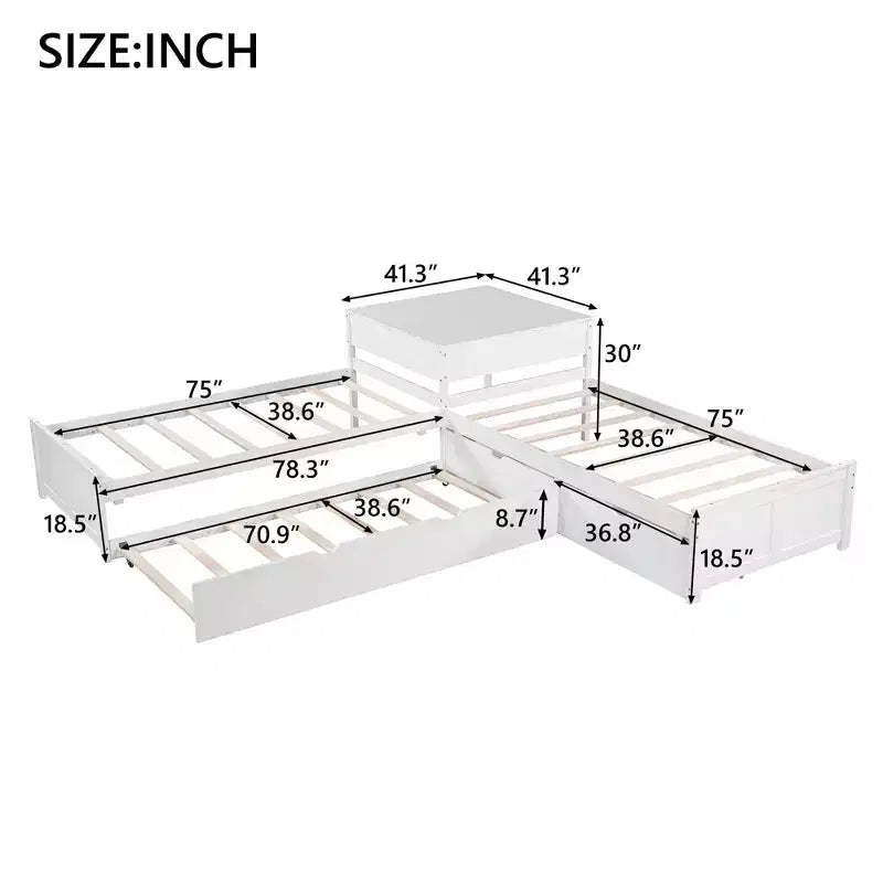 Lit superposé blanc en L avec lit gigogne, tiroirs et table intégrée – Jumeau, 3 couchages
