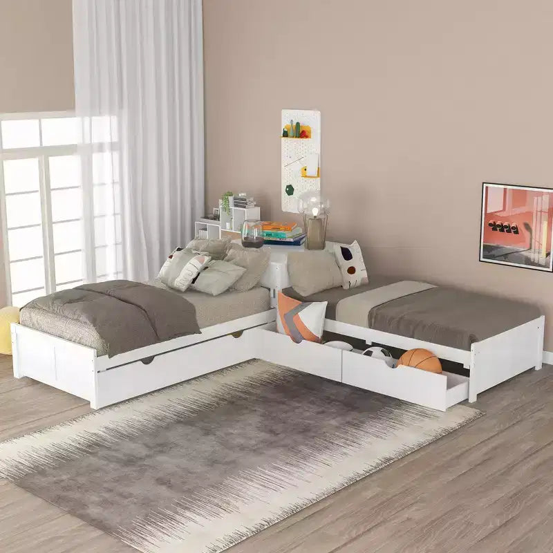 Lit superposé blanc en L avec lit gigogne, tiroirs et table intégrée – Jumeau, 3 couchages