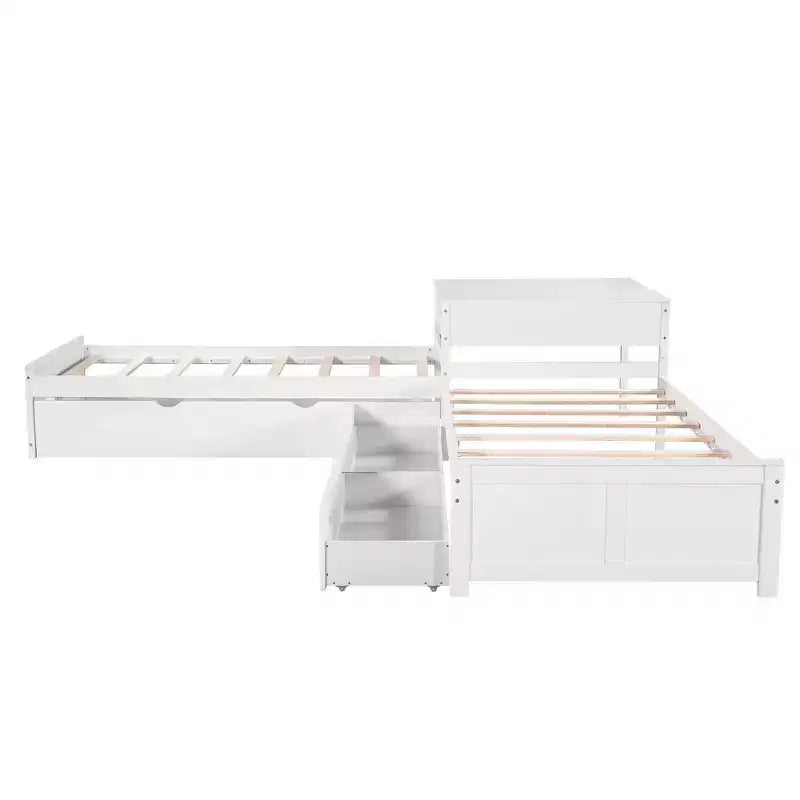 Lit superposé blanc en L avec lit gigogne, tiroirs et table intégrée – Jumeau, 3 couchages