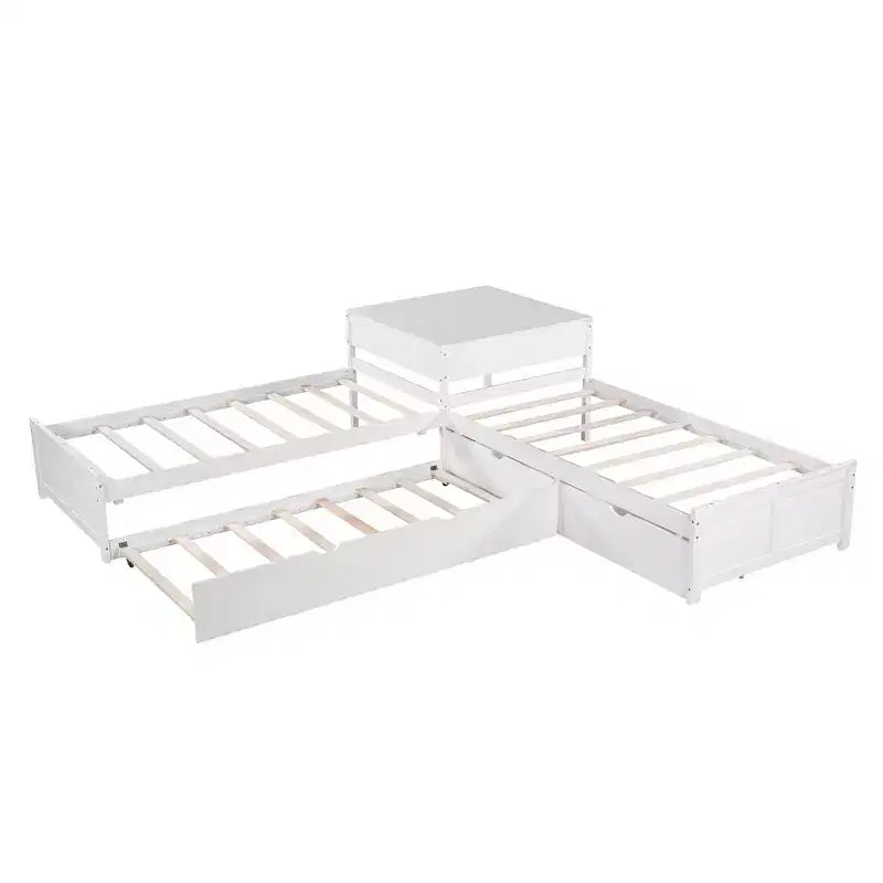 Lit superposé blanc en L avec lit gigogne, tiroirs et table intégrée – Jumeau, 3 couchages