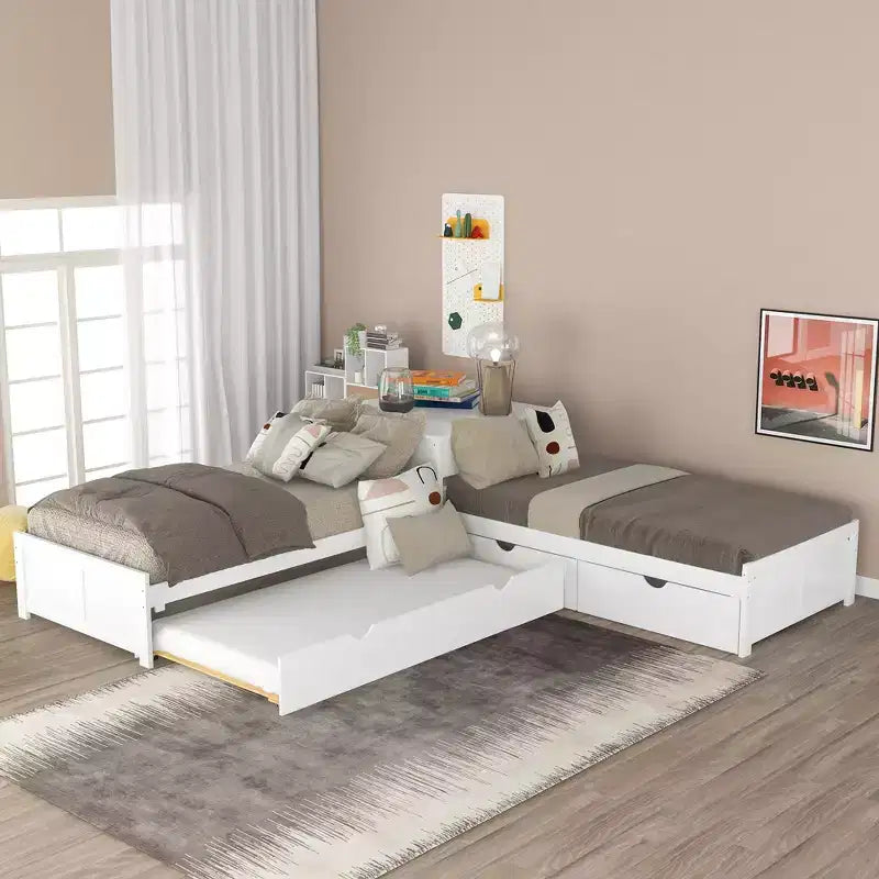 Lit superposé blanc en L avec lit gigogne, tiroirs et table intégrée – Jumeau, 3 couchages