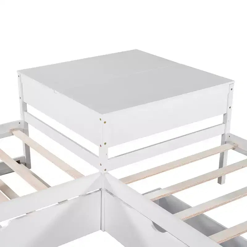 Lit superposé blanc en L avec lit gigogne, tiroirs et table intégrée – Jumeau, 3 couchages