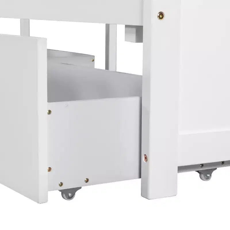 Lit superposé blanc en L avec lit gigogne, tiroirs et table intégrée – Jumeau, 3 couchages