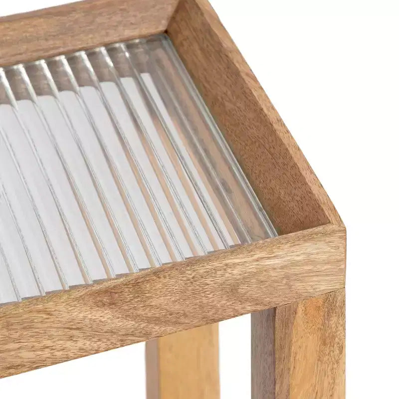 Table d'appoint rectangulaire, cadre en bois avec plateau en verre nervuré, 1 pièce