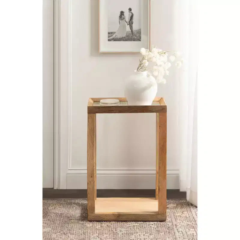 Table d'appoint rectangulaire, cadre en bois avec plateau en verre nervuré, 1 pièce
