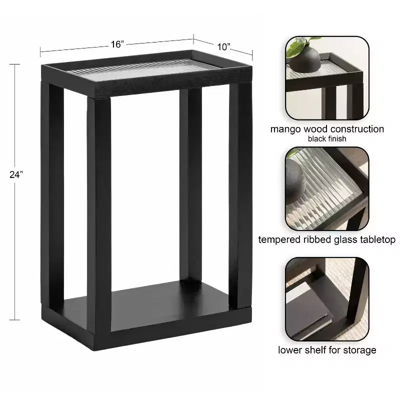 Table d'appoint rectangulaire, cadre en bois avec plateau en verre nervuré, 1 pièce